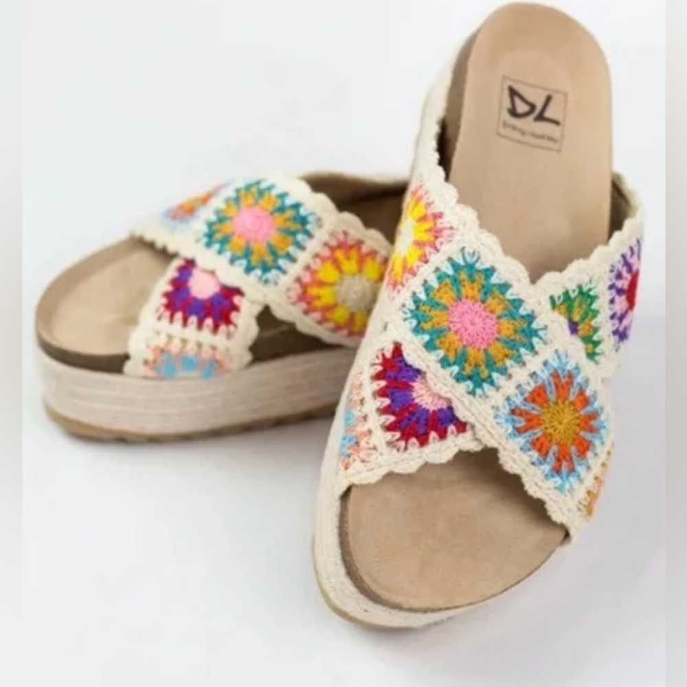 🌸 Dirty Laundry Crochet‎ Granny Square Slides – Boho Festival Dream 🌈
